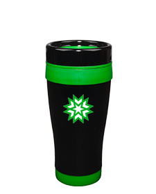 14 oz Formula Seven Gloss Black Stainless Steel Travel Mug with Green Accents