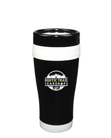 14 oz Formula Seven Gloss Black Stainless Steel Travel Mug with White Accents