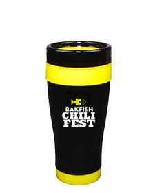 14 oz Formula Seven Gloss Black Stainless Steel Travel Mug with yellow Accents