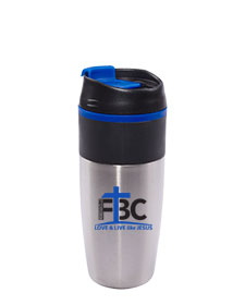 16 oz Bandit Stainless Steel Travel Mug with Black Lid and Blue Accents