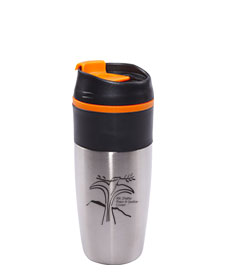16 oz Bandit Stainless Steel Travel Mug with Black Lid and Orange Accents
