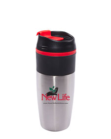16 oz Bandit Stainless Steel Travel Mug with Black Lid and Red Accents